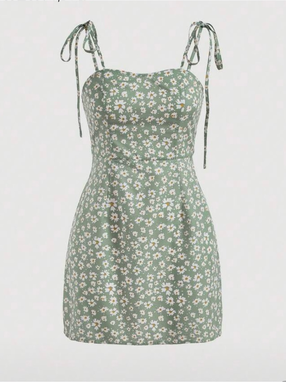 SHEIN Sage Green Daisy Tie-Shoulder Mini Dress